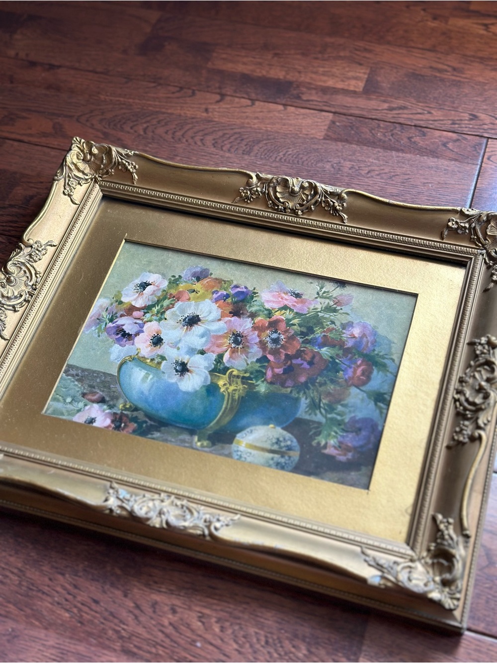 Vintage Gold Ornate Floral Framed Art - Blue Vase Bouquet